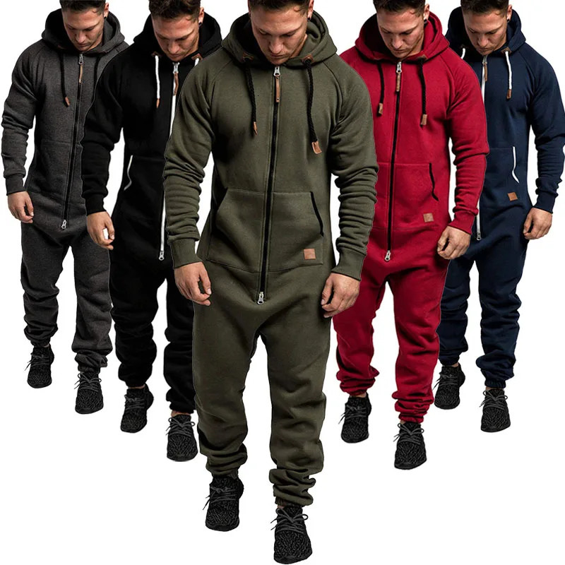 Mens Jumpsuit Pajamas Long Sleeve Sweatpants Splicing Autumn Winter Casual Hoodie Male Zipper Jumpsuit Streetwear Overalls 241209