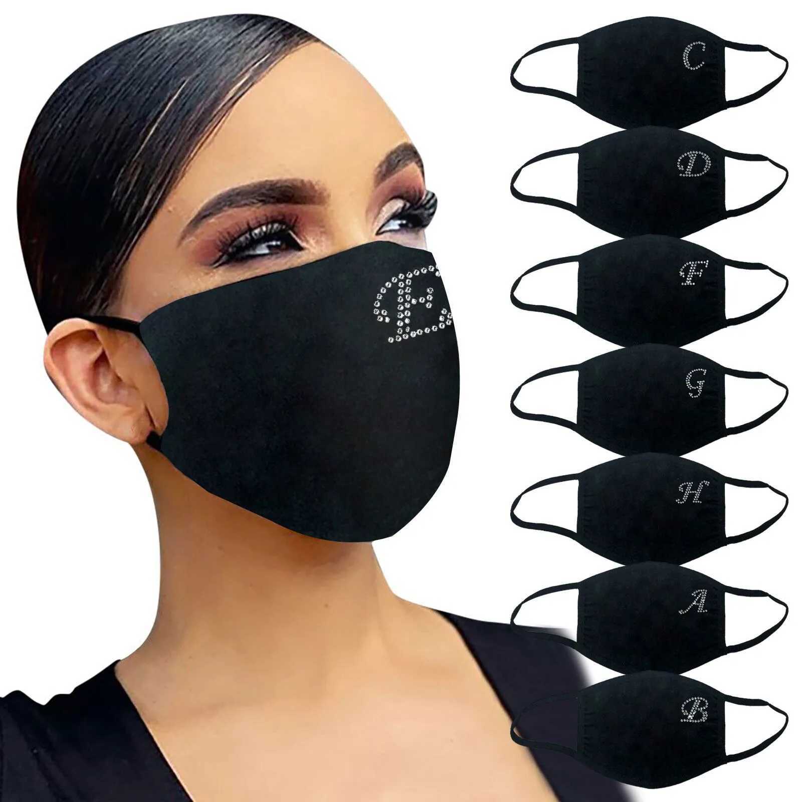 3pcs26 Letter Printed Black Face Mask Rhinestone Pattern Dustproof Cotton Washable Reusable Mondkapjes WasbaarXJ241209