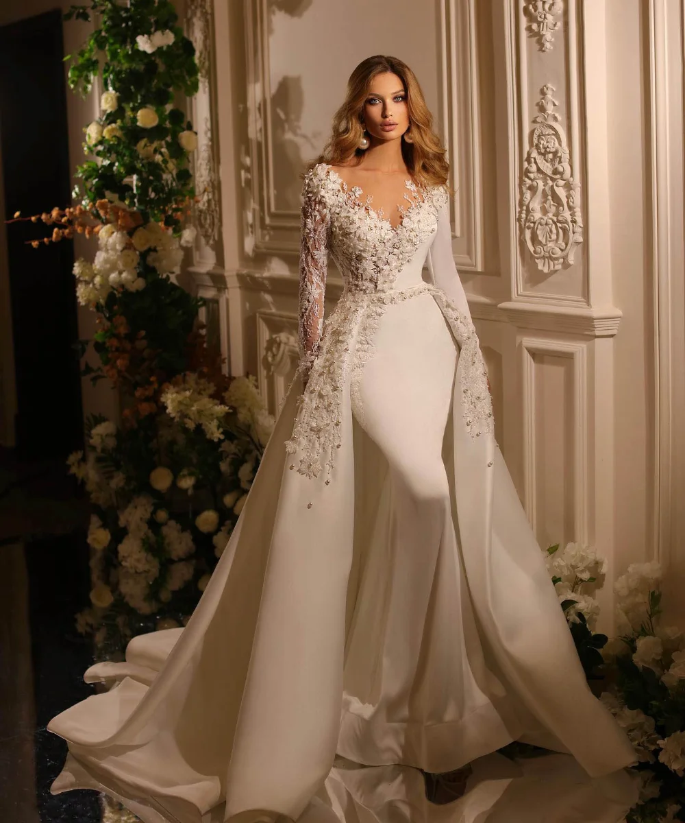 Exquisite Sheer Jewel Neck Pearls Wedding Dress Long Sleeves Appliques Detachable Train Gown Custom Made Vestido De Novia