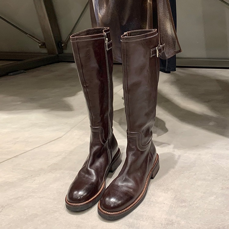 Women Boots:Cowhide Retro Style Leather Chunky Heel Thick Sole Long Boots Winter High-end Boots,Black/Brown,Free shipping