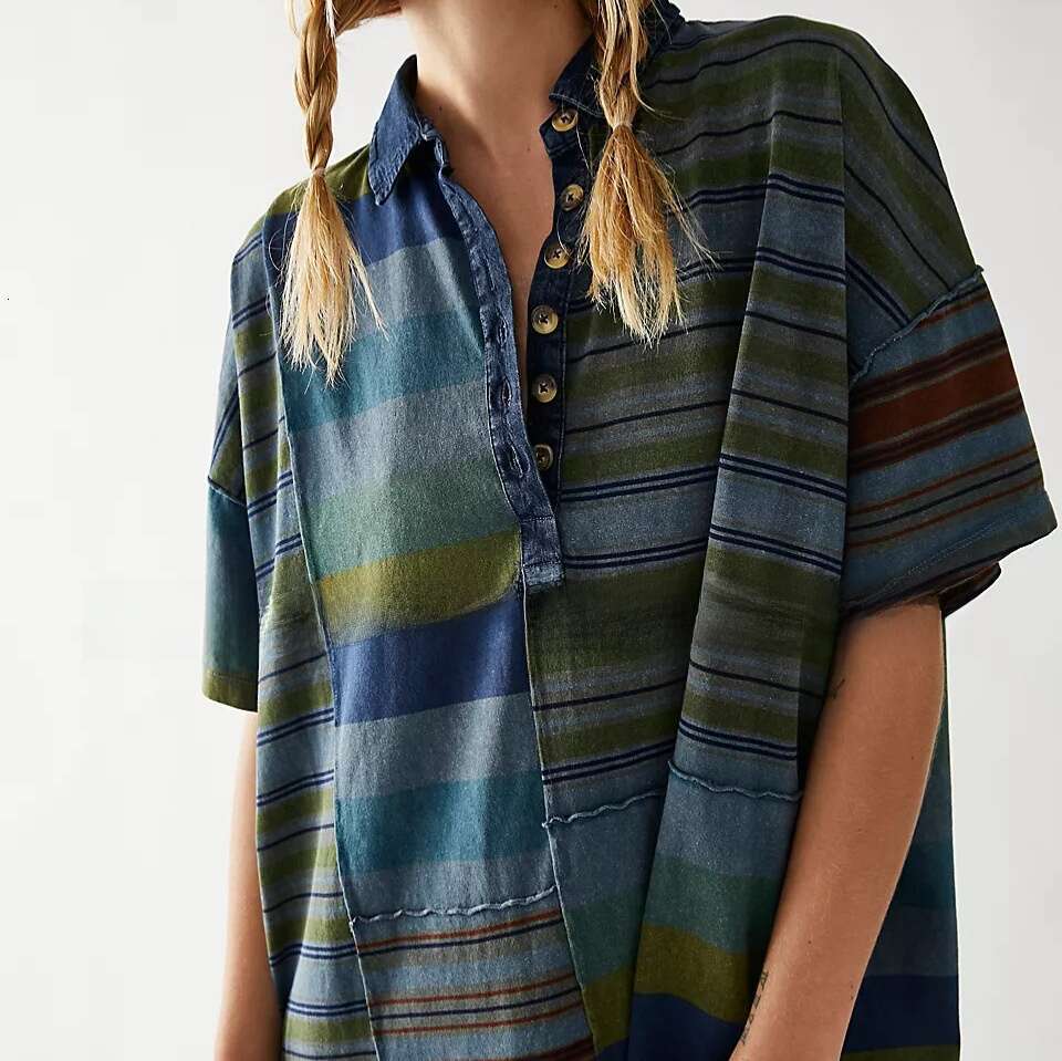 New European And American Women's Mid Sleeve Lapel Contrasting Striped Loose Casual Dress For Women