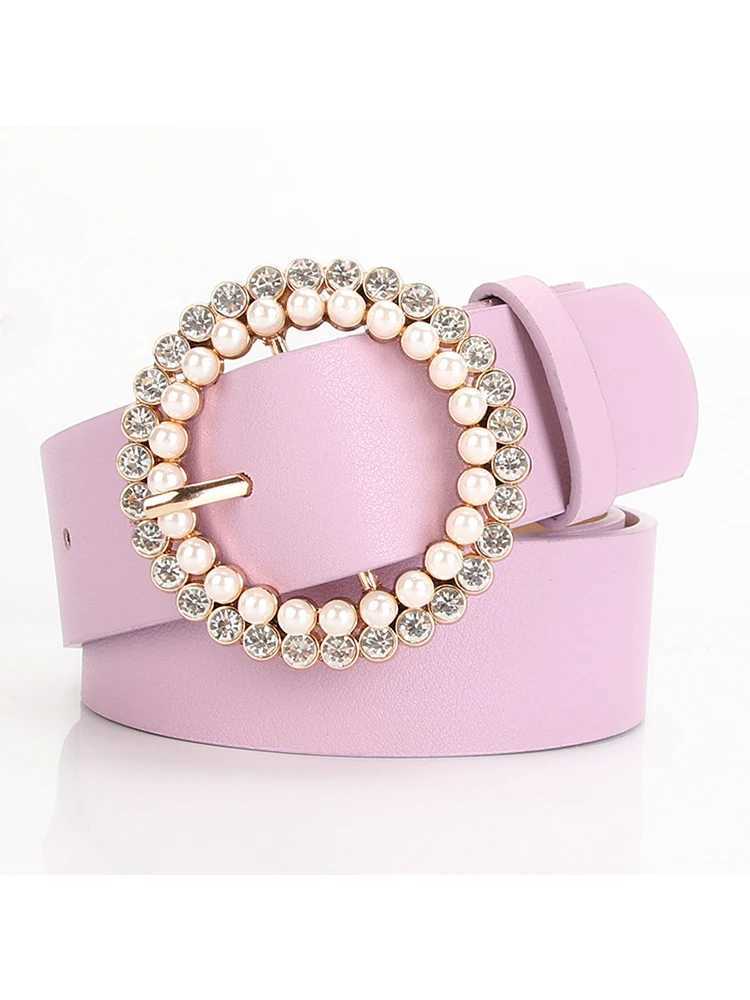 Summer jeans dress round pin buckle webbing casual womens leather PU pearl diamond decorative belt fashionable wide belt X241209