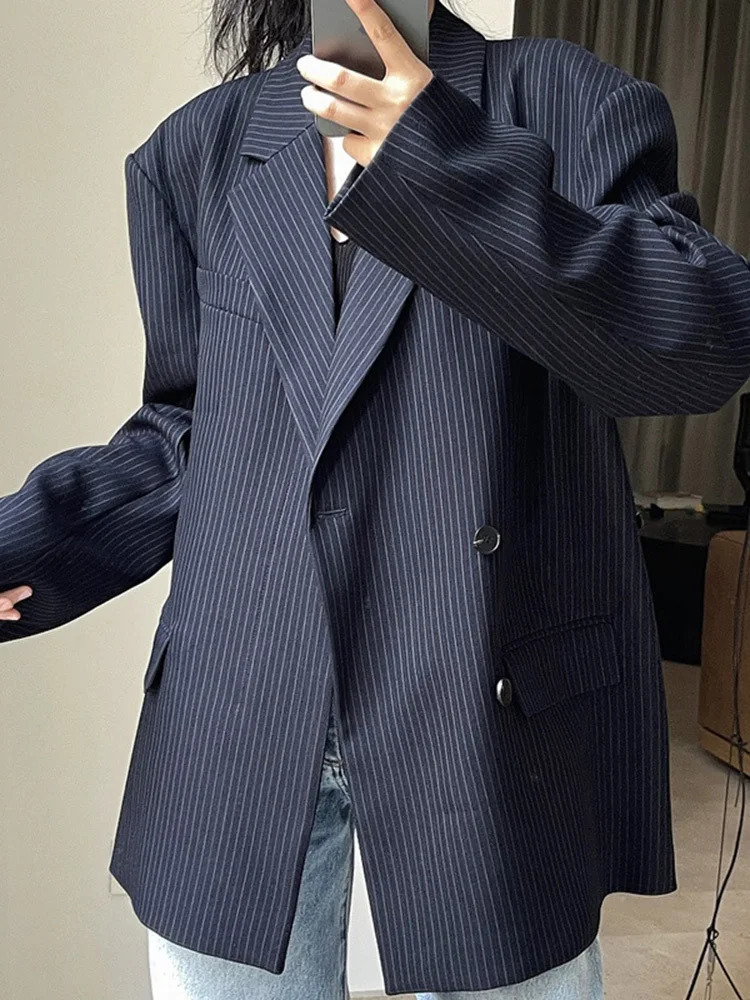 LANMREM Striped Blazer For Women Notched Single Button Long Sleeve Loose Jackets 2024 Spring Clothing 26D2884 241209