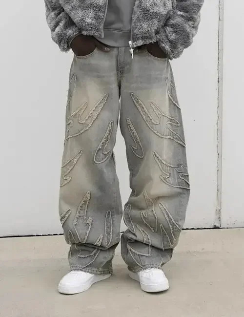 Y2k Men Baggy Jean Hip Hop Retro Harajuku Light Distressed Pants Oversized Embroidered Gothic Wide Leg Streetwear 241206