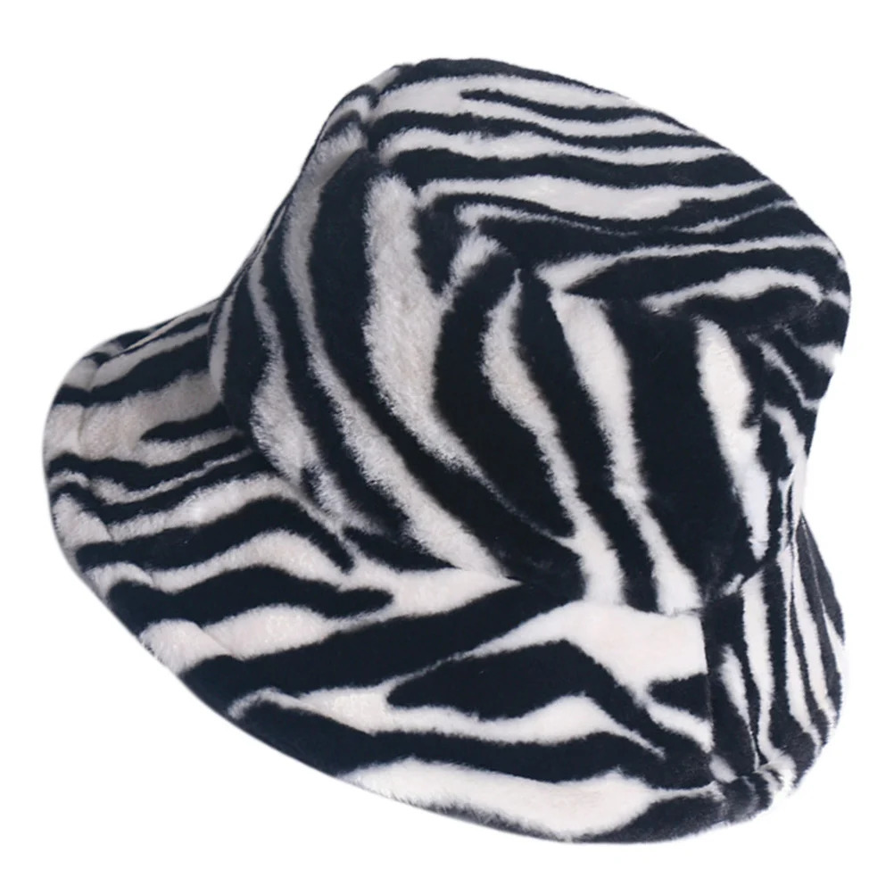Zebra bucket hat paired with colorful plush Korean version elegant fur fisherman rabbit 241205