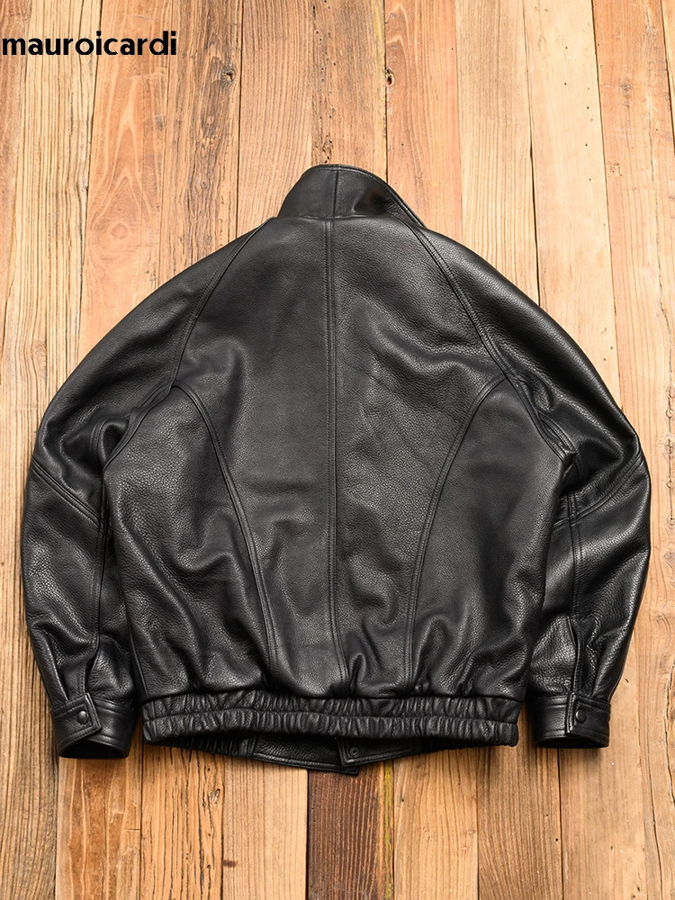 Mauroicardi Spring Autumn Cool Black Hard Pu Leather Jacket Mens Zipper American Retro Clothing 241209