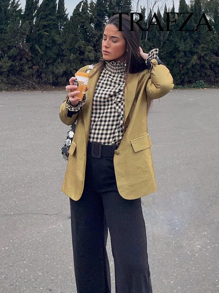 TRAFZA Autumn Womens Fashion Gold Blazer Retro V Neck Party Long Sleeve Button Up Womens Pocket Casual Blazer Chic Top 241209