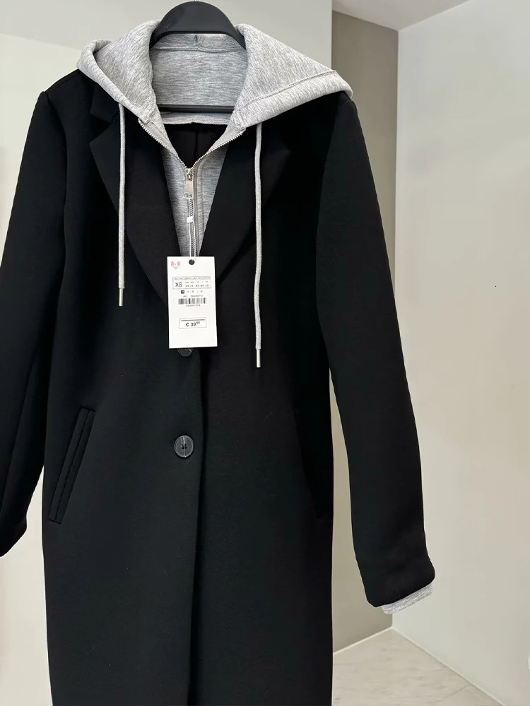 2024 autumn and winter womens clothing versatile detachable hooded splicing lapel longsleeved casual pocket woolen coat 241203Z