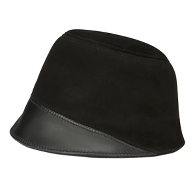 Korean niche retro leather womens bucket hat brown womens fisherman splicing Gorro womens cover street basin Ca 241205