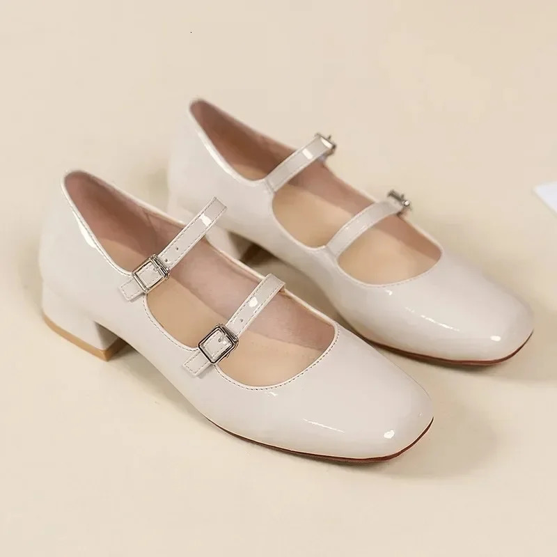Maogu Spring French Retro Shallow Mouth Thick Heel Dress Shoes Fashion Silver Square Head Mary Jane Ballet Shoe Low Heels 241209