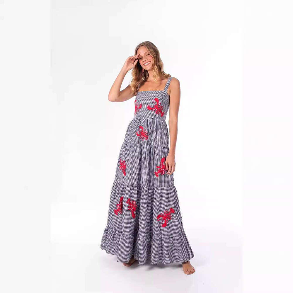 New Embroidered Pleated Camisole For Women's Wear, Beach Vacation Long Dress B2