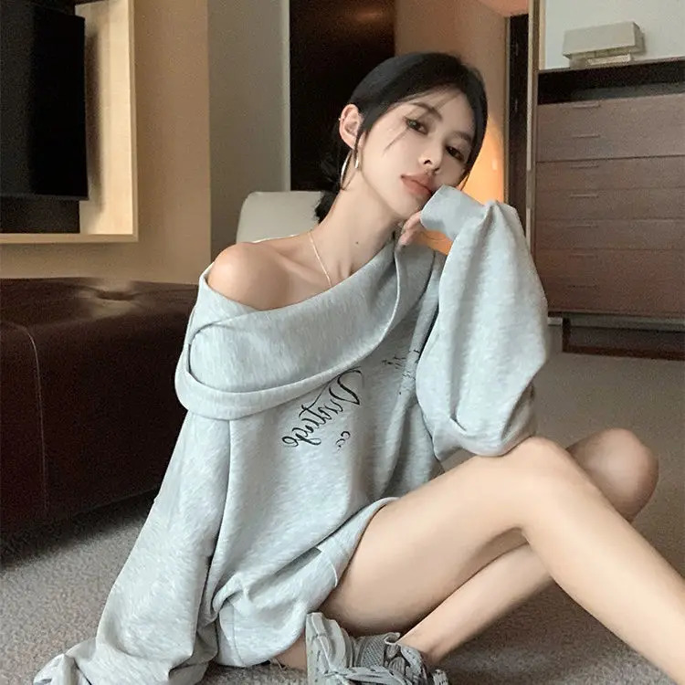 American Retro Gray Letter Printed Hooded Sweatshirt for Women Loose and Lazy Long Sleeved Top 241209