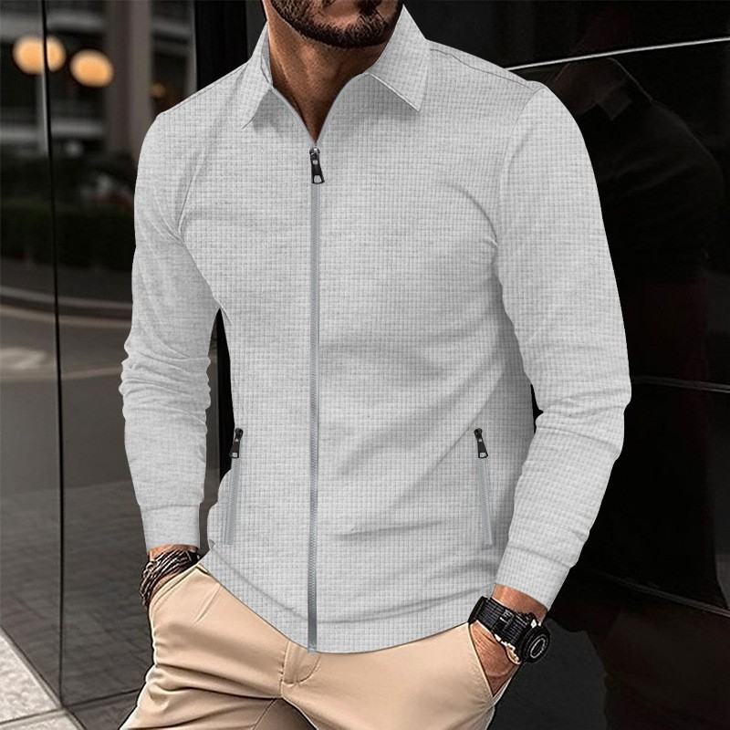 M11224 Men's autumn new waffle solid color zipper pocket long sleeve jacket