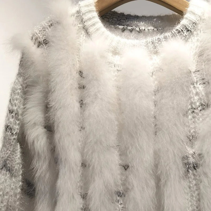 fox fur striped knitted short pull sweater long sleeved O-neck womens pull jumper womens fur decorative sweater 241202