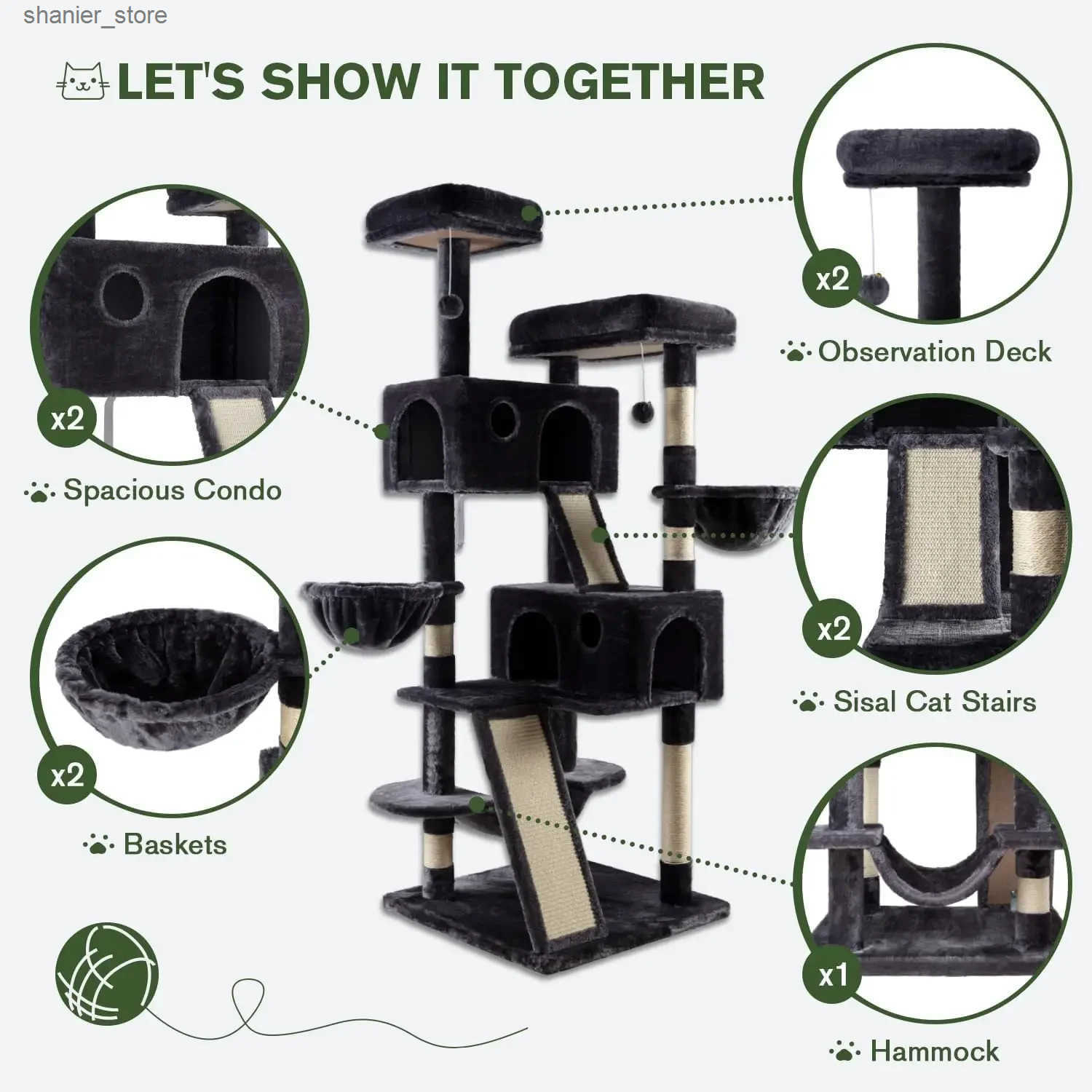 Cat Floor-to-Ceiling 66 inch multi-layer large cat tree tower used for indoor large cats comfortable plush Perches cats apartments and sisal scraper h