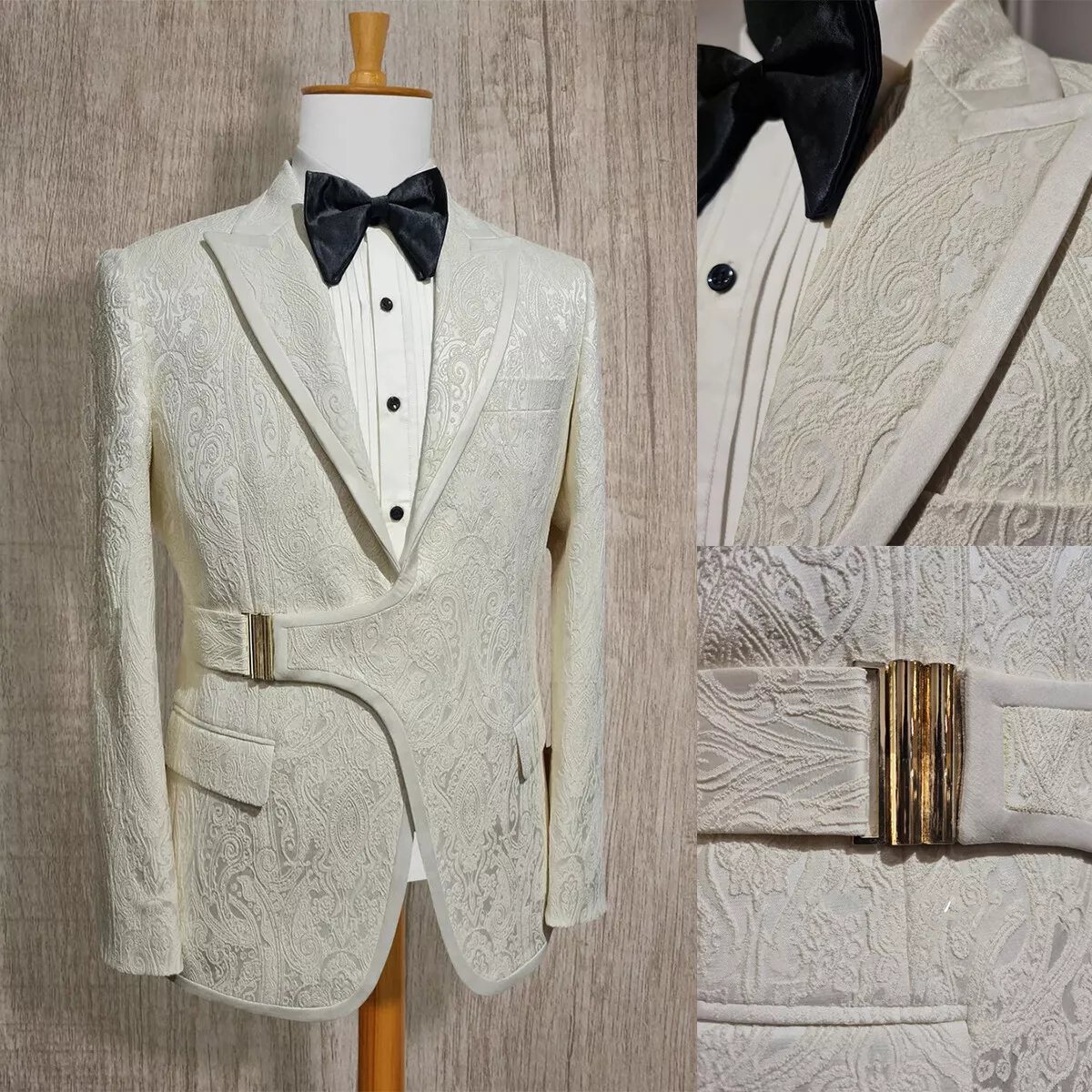 Elegant Men Suits Jacquard Cotton One Pieces Set Jacket Peaked Lapel Wedding Tuxedos Irregular Sash Business Groom Wear Customized