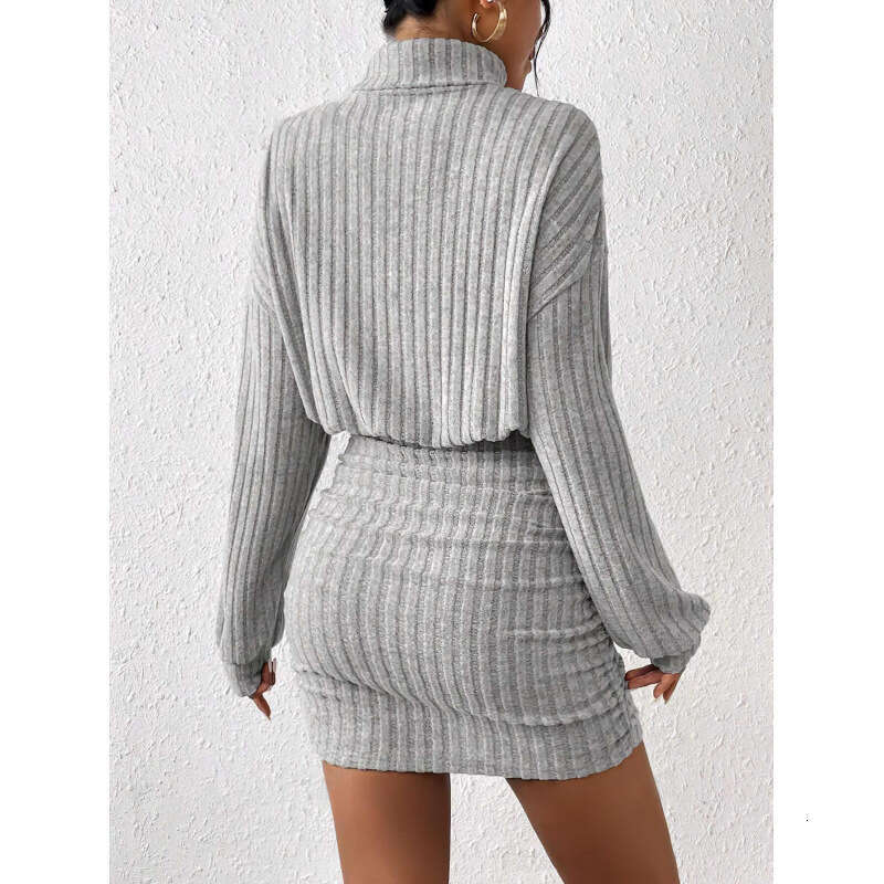 Women's 2024 autumn/winter slim fit fashionable pit stripe high neck hip hugging long sleeved dress