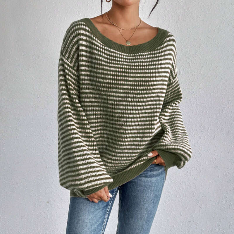 Temperament One Word Neck Spring and Autumn Sweater Stripe Contrast Set Knitted Top for Women