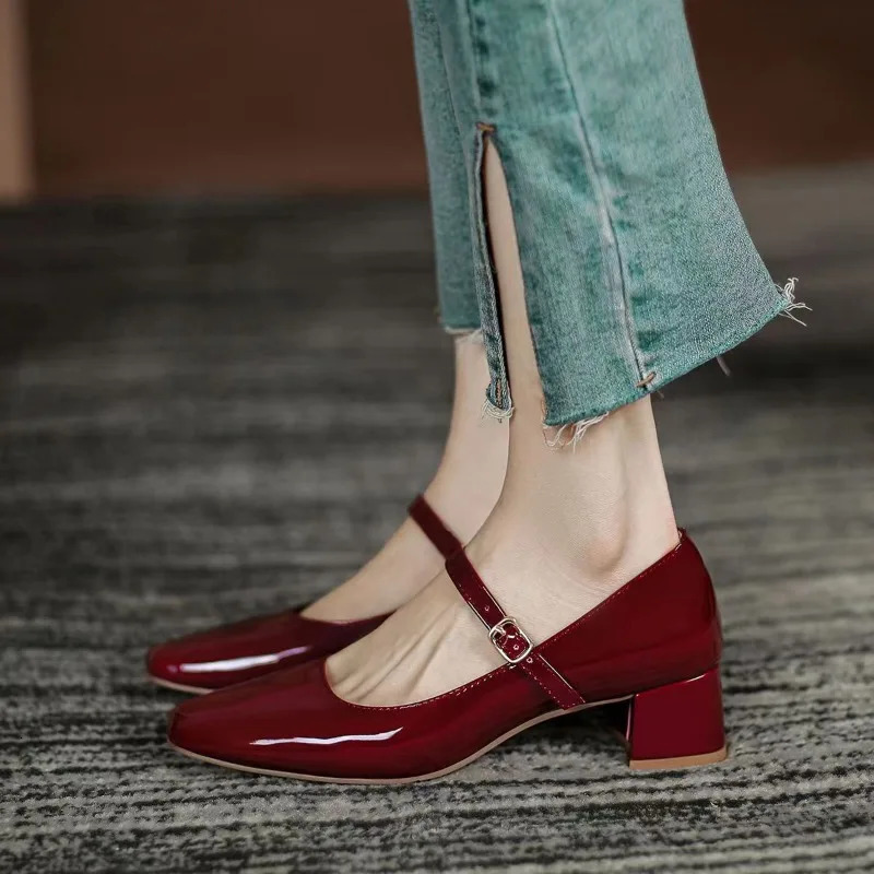 Women Chunky Heel Shoes Spring Pu Leather Buckle Strap Mid Heels Women Mary Jane Shoes Dress Office Shallow Ladies Shoes 241209
