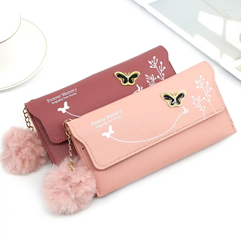2025 NEW Wallets Fashionable Women Long Pure Color Wool Ball Bow Clutch Bag Women's Card Coin Purse Purses Wallet zhanyishengli