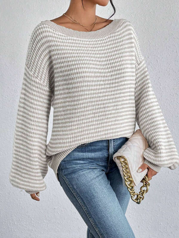 Temperament One Word Neck Spring and Autumn Sweater Stripe Contrast Set Knitted Top for Women