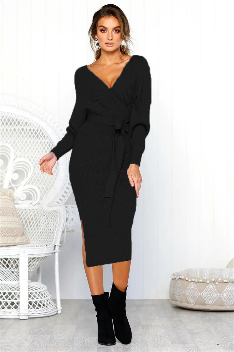 Sexy V-neck lace long sleeved womens dress 241206