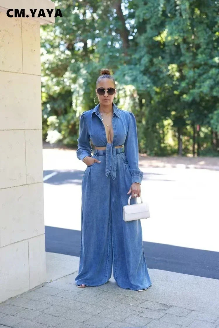 CM. YAYA denim womens suit tie long sleeved shirt and pocket loose jeans pants street two-piece set 241202