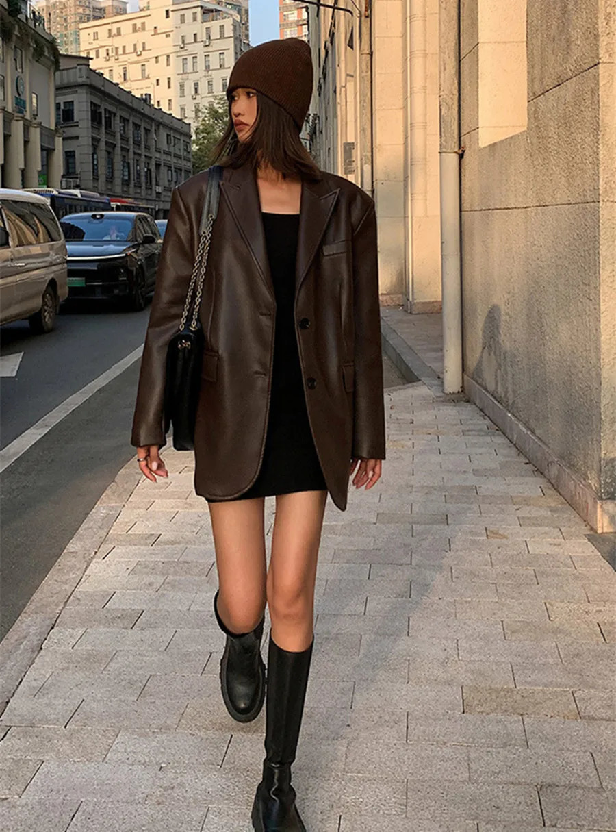 Women Black Brown Soft PU Leather Blazer Shoulder Pads Long Sleeve Single Breasted Loose Casual Jacket Tops Korean Fashion Coat 241209