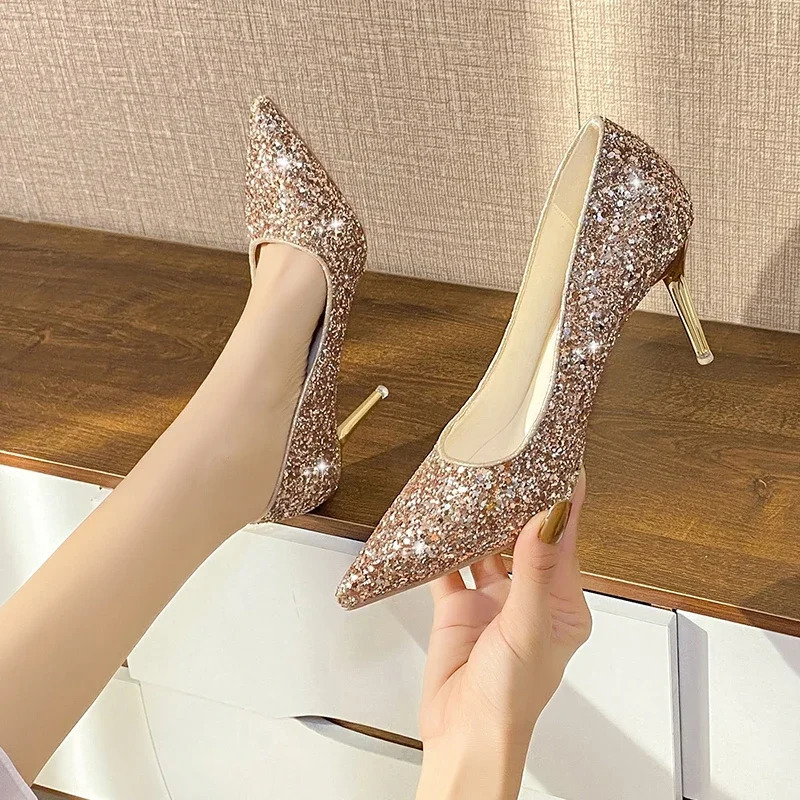 Glitter Thin Heels Pumps Women Gold Silver Wedding Shoes Woman Pointed Shining Sequins High Heels Party Shoes 241209