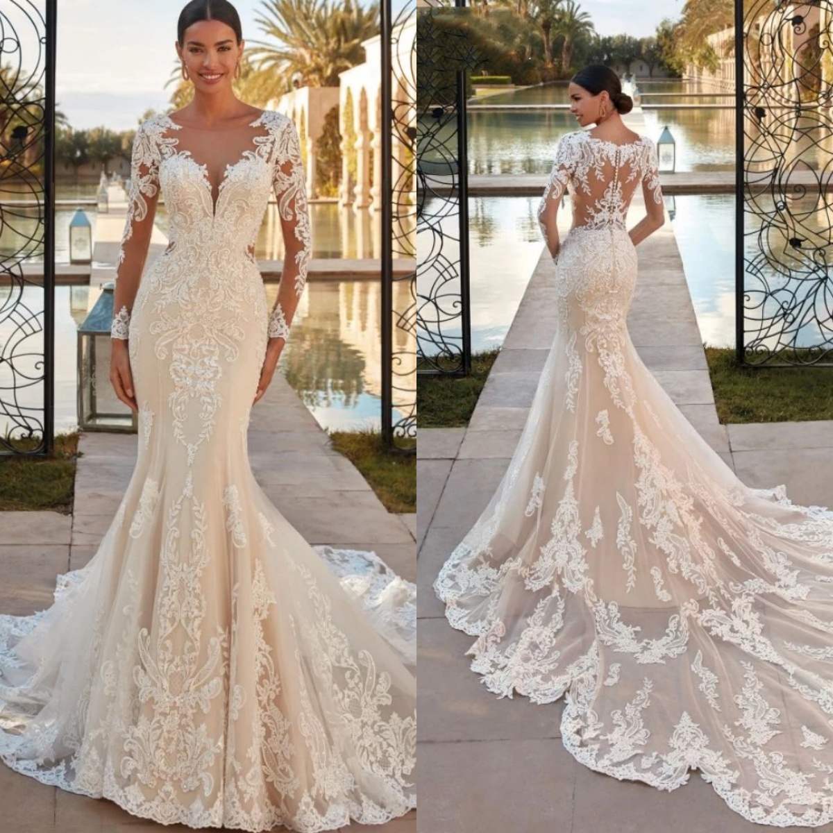 Glitter Sequins Appliques Bride Robe Modest Long Sleeve Wedding Dress ful Mermaid Bridal Gown Customized Vestidos De Novia