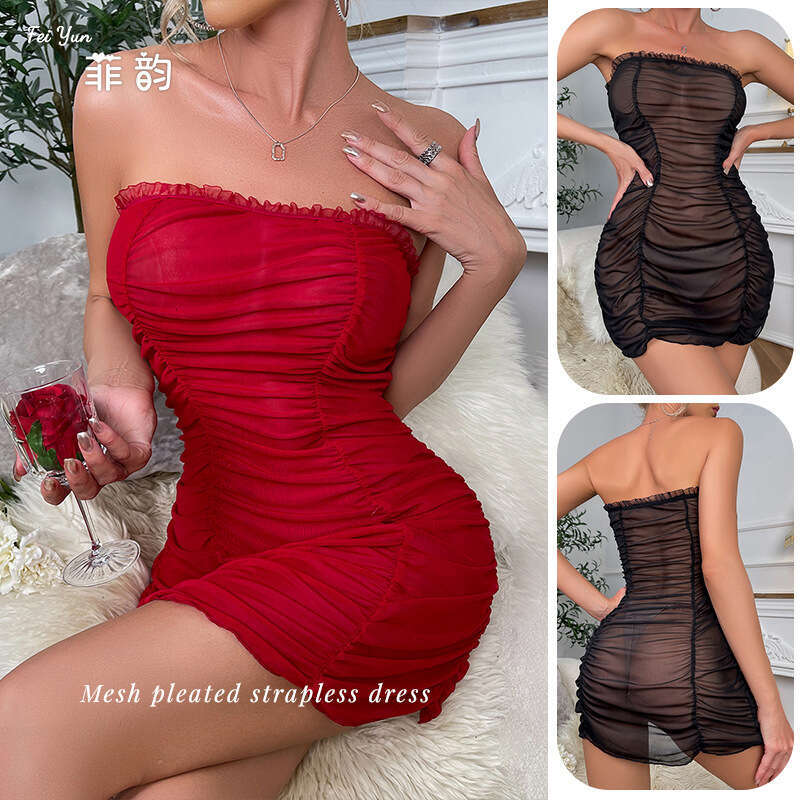 Feiyun mesh sexy strapless nightclub pleated hip hugging dress 437 2024 new style temperament chic elegant clothing