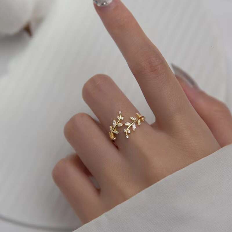 New hot selling diamond inlaid bud ring, niche design, tree branch leaf opening ring accessory