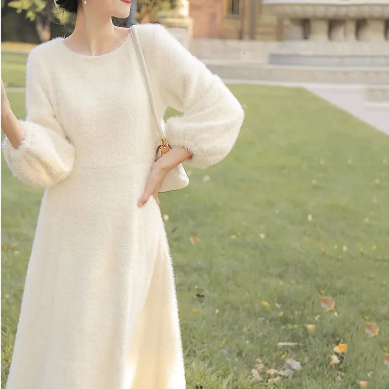 Womens winter clothing mink fur dress thick O-neck sweater A-line floral dress womens casual dress 241206