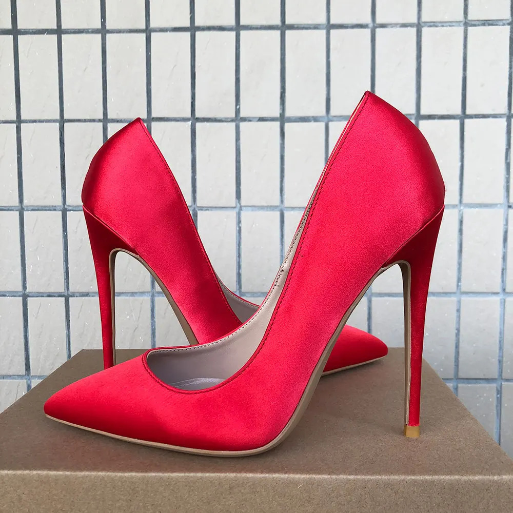 Tikicup Women Red Satin Pointed Toe Pumps Slip On Stilettos Comfortable Ladies Silk High Heels Wedding Party Dress Shoes 241209