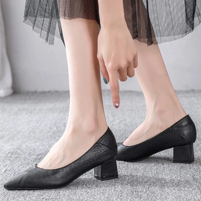 Pumps Women Shoes Shallow Chunky Heeled Pointed Toe Ladies Shoe Platform Soft Leather Slip on Womens Fashion Dress Office 241209