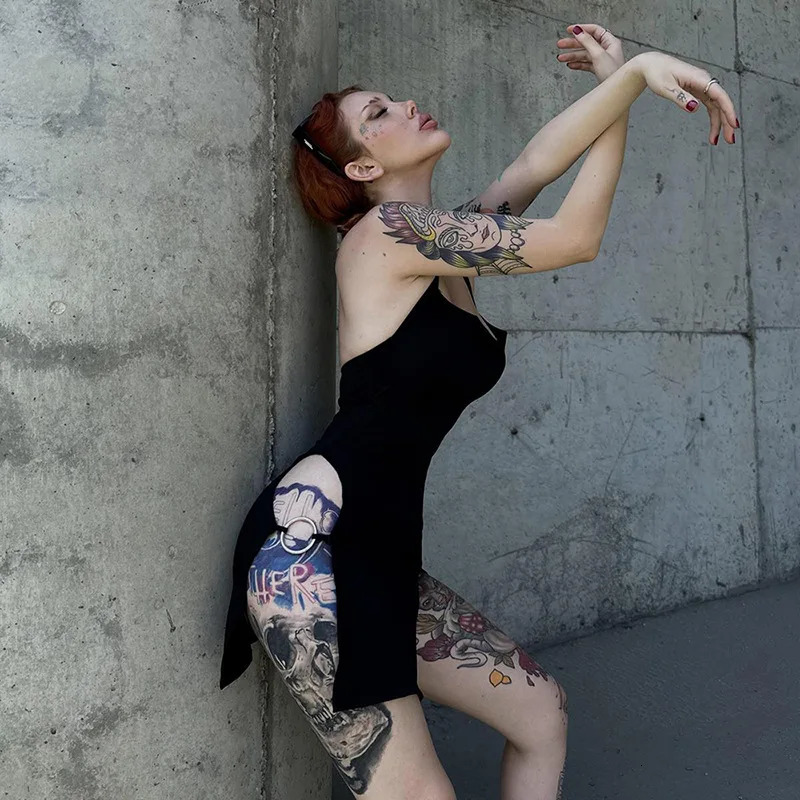 Y2K Girls Fashion Sexy Black Sleeveless Halter Womens Dresses Club Party Backless Metal Buckle Night Dress Women Sleepwear 241209