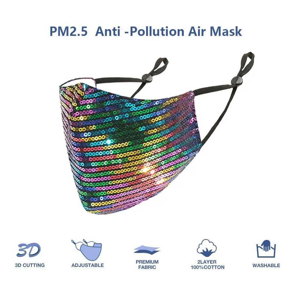 3pcsFashion Sequin Face Mask with 2 Filters Bling Breathable Washable Reuseable Anti Fog Dust Mask for Women Party Outdoor ActivityXJ241209