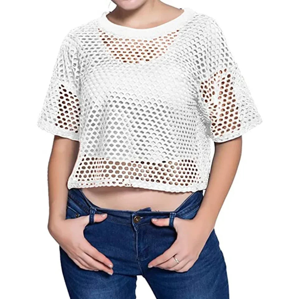 Womens Tshirt sexy fishnet vest crop top casual shirt summer street basic transparent hollow 241209