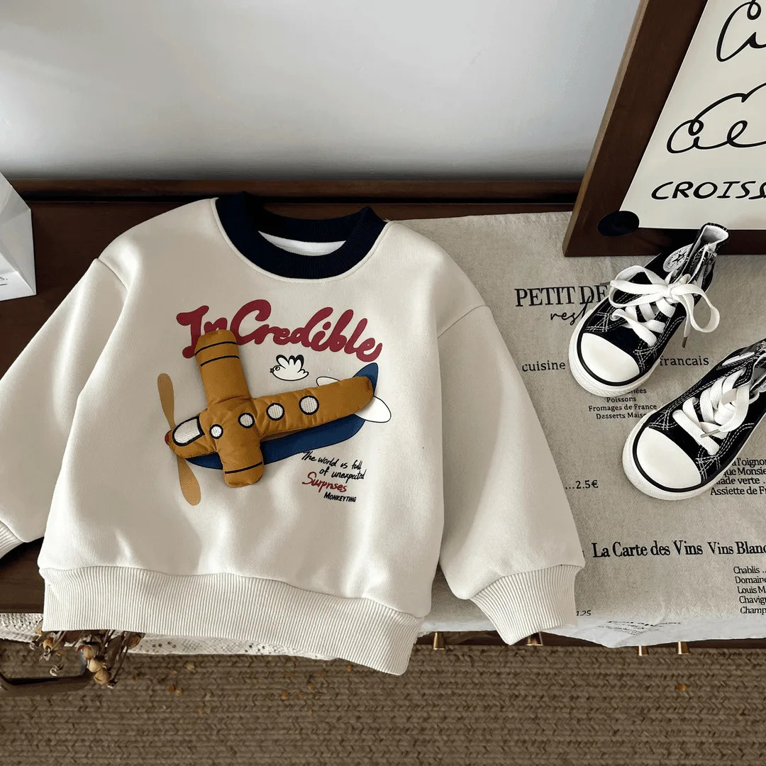 South Korea Autumn Winter Baby Boomer Generation Cartoon Printed Wool Loose Warm Childrens Boys Sports Shirt Childrens Boys Hoodie 241210