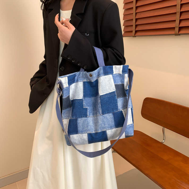 Splicing contrasting denim canvas large capacity bag women fashion tote bag shopping bag 241215