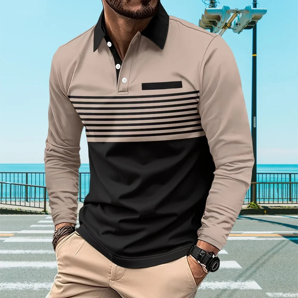 Mens Polo Shirts 3D Stripe Colorblock Print Fashion Sports Lapel Golf TShirt Men Tops Casual Long Sleeve Man Clothes 241202