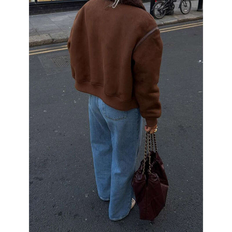 Vintage Coffee Lamb Wool Lapel Jackets For Women Chic Zipper Long Sleeved Thicken Warm Coats New Female Winter Streetwear