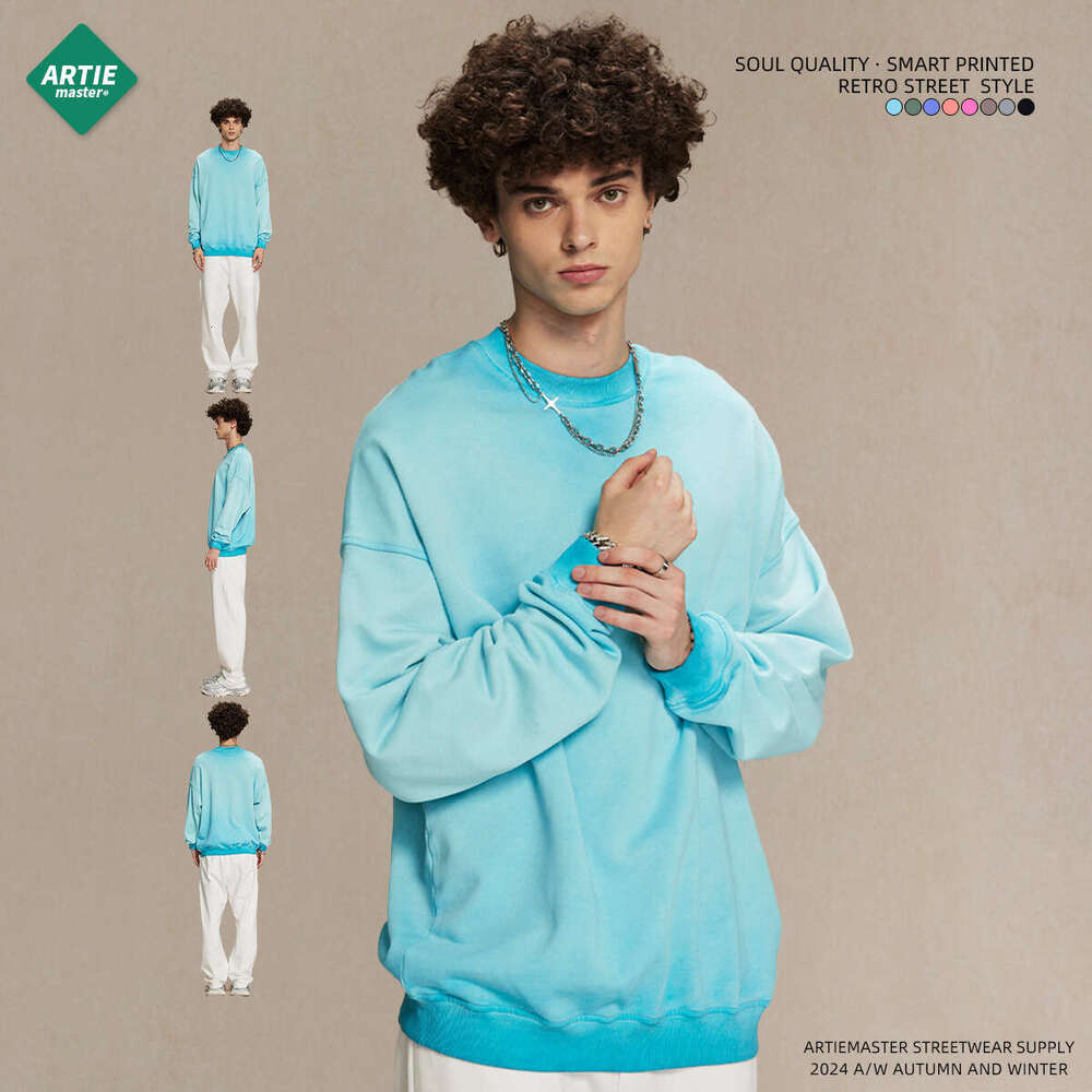 2024 New Product Heavy Weight 430g Reverse Bottom Stir Frying Color Doing Old Wash Water Wool Circle Neck Hoodie Trendy Men