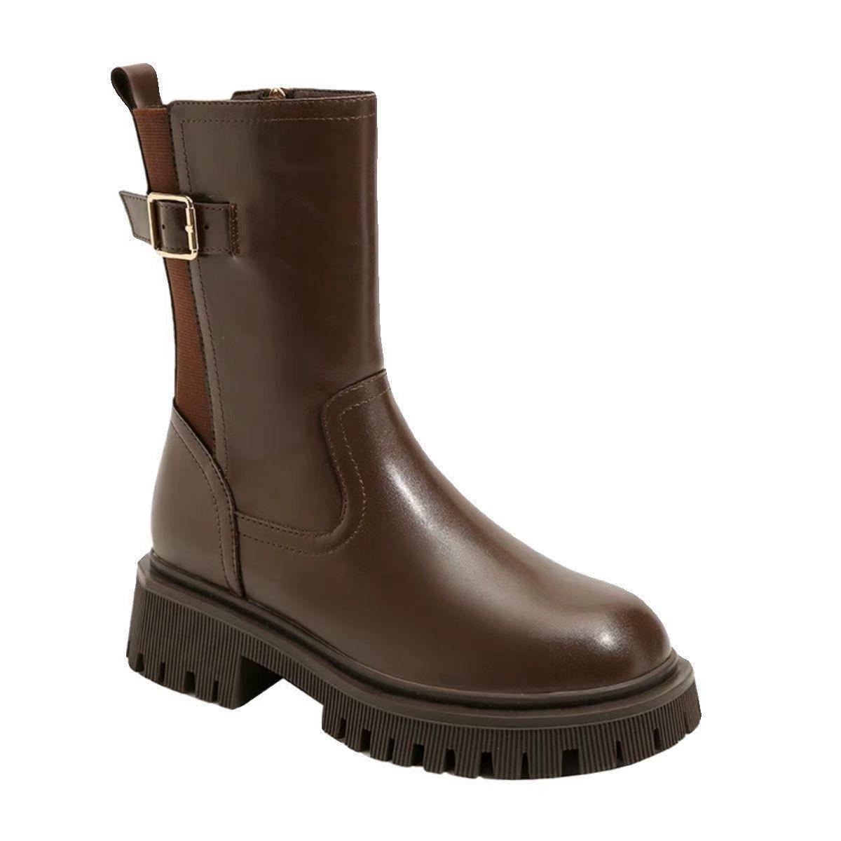 Women Boots:Spring Simple Design Versatile Soft Leather Thick Sole Fashion Slimming Boots,Black/Brown,Free shipping