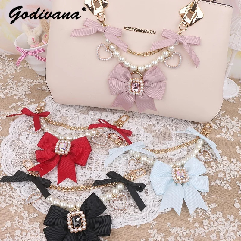 Handmade Japanese mineral cute bead pearl bow rhinestone chain Itabag bag charm cute handbag pendant accessories 241205