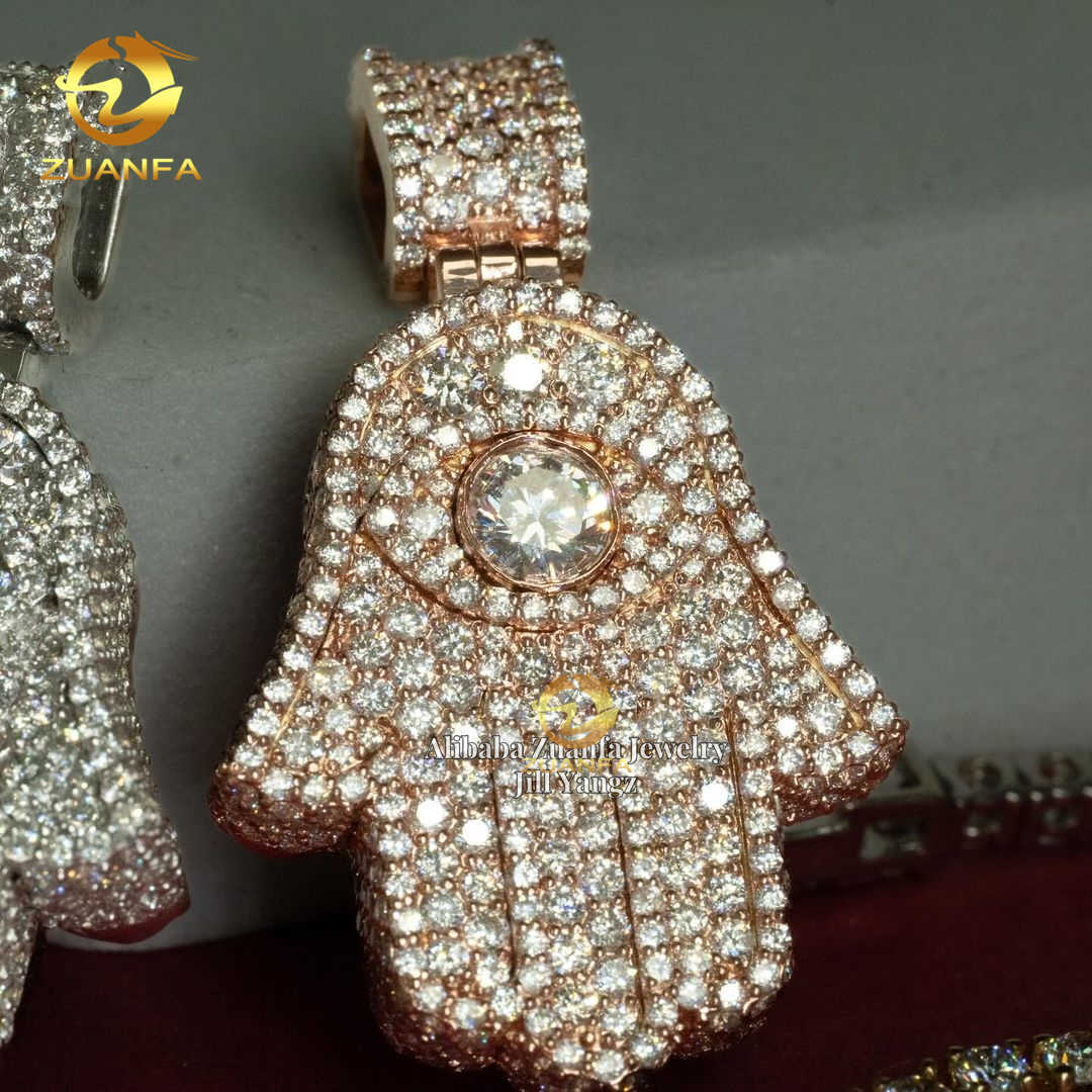 Small Size Hamsa Hand Custom Moissanite Pendant Shield Pendant Necklace custom hip hop pendant Moissanite Jewelry