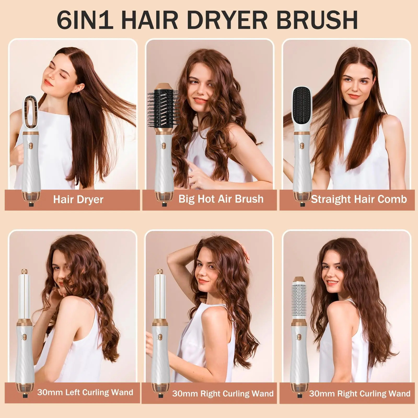 6 in One Air Brush Detachable Blow Dryer Brush Hair Dryer Brush Air Curler Air Styler Curling Iron Curling Brush 241209