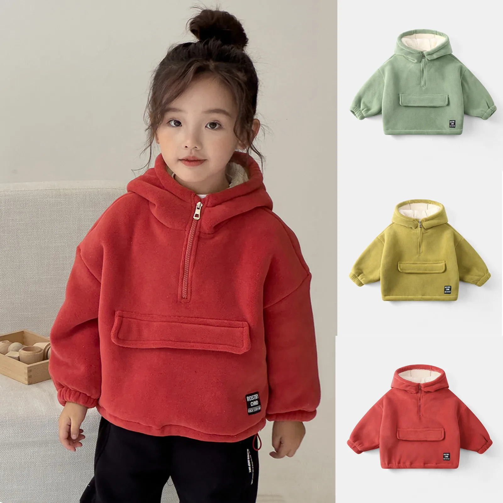 Autumn and Winter Childrens Wool Hoodies Thick Hoodies for Boys and Girls Zipper Loose Solid Color Sweatshirts Sudadera 241210