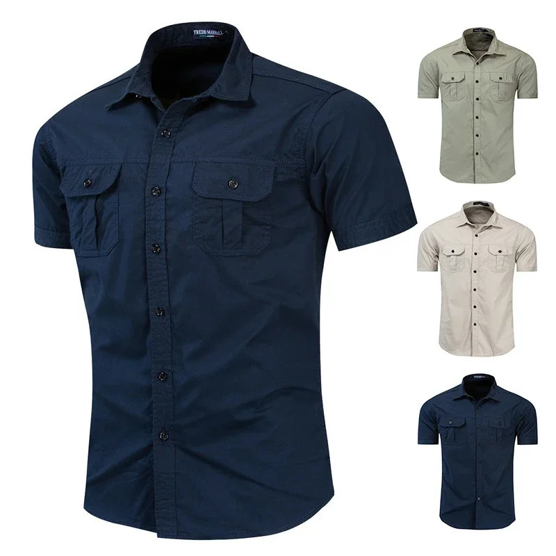 Fashion mens casual business shirt short sleeved military cargo highquality cotton work top clothing 241209