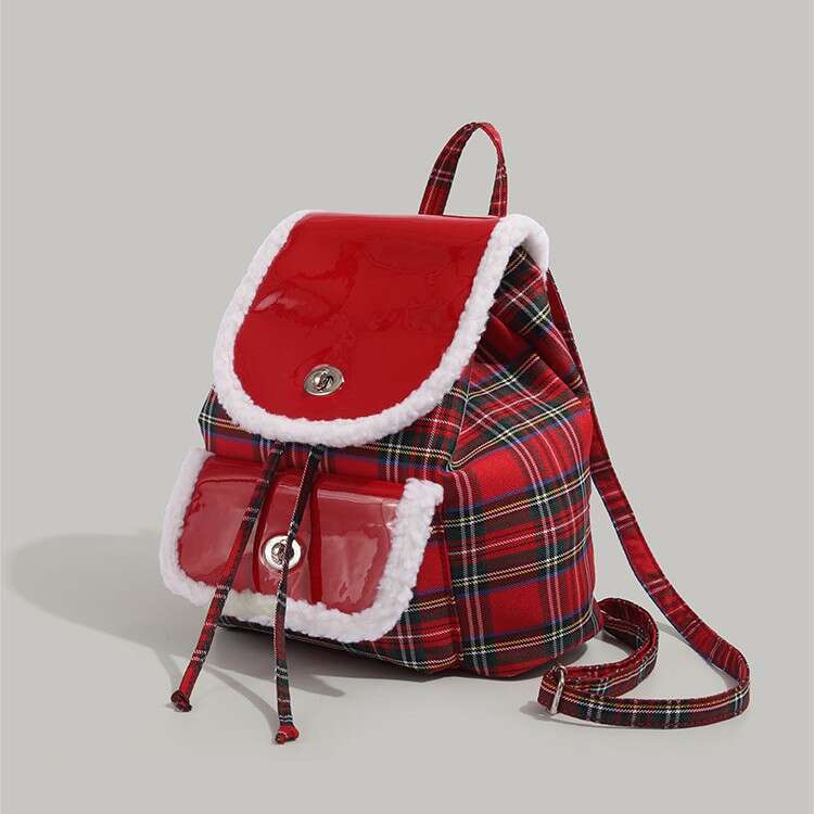 American college style plush soft leather backpack, women's lambhair handbag, 2024 new Christmas atmosphere backpack